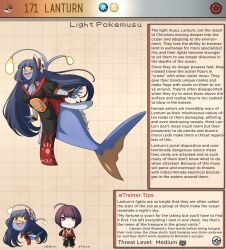 1boy 1girl artist_name bioluminescence black_hair blue_skin blunt_bangs breasts brown_background character_name character_profile cleavage colored_skin commentary creatures_(company) english_commentary english_text game_freak gen_2_pokemon glowing highres japanese_clothes kinkymation lanturn medium_breasts mermaid monster_girl nintendo personification poke_ball poke_ball_(basic) pokemon red_eyes teeth upper_teeth_only