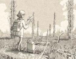 1girl axe backpack bag bedroll cloud grass greyscale hair_ornament hairclip hatchet_(axe) hatching_(texture) highres holding holding_map landscape map monochrome nigirizusi1 non-humanoid_robot original outdoors plant post-apocalypse railroad_tracks robot scenery shoes sky smile traditional_media vines walking