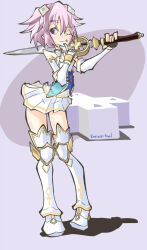 1girl adapted_costume armor artist_name bare_shoulders boots d-pad d-pad_hair_ornament foolintisimo hair_between_eyes hair_ornament holding holding_sword holding_weapon knight armored_boots neptune_(neptunia) neptune_(series) one_eye_closed paladin purple_eyes purple_hair skirt solo sword thigh_boots tongue tongue_out weapon
