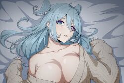 +_+ 1girl absurdres aqua_hair aqua_nails bed_sheet blue_eyes breasts cleavage collarbone commentary daydarion elira_pendora english_commentary fingernails from_above hair_between_eyes hair_wings heterochromia highres huge_breasts long_hair long_sleeves looking_at_viewer lying mole mole_on_armpit nail_polish nijisanji nijisanji_en off-shoulder_sweater off_shoulder on_back parted_lips pink_eyes ribbed_sweater solo sweater two_side_up upper_body virtual_youtuber yellow_sweater