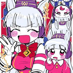 1girl aged_down animal_ears blunt_bangs blush_stickers border bow bowtie child closed_eyes collared_shirt commentary_request drooling gloves gold_ship_(umamusume) grey_hair hat headphones highres horse_ears horse_girl issho_ni_oyasumi mouth_drool multiple_views open_mouth outside_border red_eyes school_uniform shirt smile tongue tongue_out tracen_school_uniform umamusume upside-down w white_border