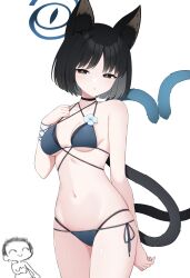 Rule 34 | 1girl, animal ears, bikini, black eyes, black hair, black tail, blue archive, blue bikini, blue halo, blue tail, breasts, cat ears, cat girl, cat tail, criss-cross straps, doodle sensei (blue archive), flower, gradient tail, halo, highres, kikyou (blue archive), kikyou (swimsuit) (blue archive), layered bikini, looking at viewer, multiple tails, navel, official alternate costume, sensei (blue archive), short hair, stomach, suwa yasai, swimsuit, tail, two tails, white background, white flower