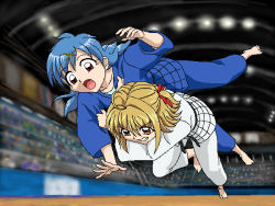 00s 2girls ankoku_tiger battle dougi houshou_hanon judo judogi judoka mermaid_melody_pichi_pichi_pitch multiple_girls nanami_lucia non-web_source oekaki official_style