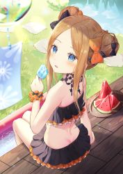 1girl abigail_williams_(emerald_float)_(fate) abigail_williams_(fate) bare_shoulders bikini black_bikini black_bow blonde_hair blue_eyes blurry blurry_foreground blush bow butt_crack commentary_request day depth_of_field double_bun emerald_float fate/grand_order fate_(series) food fruit hair_bow hair_bun hand_up highres holding holding_food hyonee long_hair looking_at_viewer looking_back multiple_hair_bows official_alternate_costume orange_bow outdoors parted_bangs parted_lips plate polka_dot polka_dot_bow popsicle sidelocks sitting solo swimsuit veranda water watermelon wind_chime