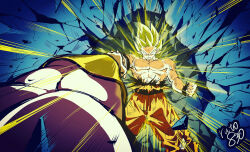 Rule 34 | 2boys, abs, aura, blank eyes, blonde hair, broly (dragon ball z), clenched hand, clenched teeth, commentary request, crack, cracked wall, dragon ball, dragonball z, furrowed brow, highres, male focus, multiple boys, muscular, muscular male, pov, pov hands, punch catch, punching, ruto830, serious, signature, son goku, super saiyan, super saiyan 1, teeth, topless male, torn clothes, wristband