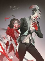 1boy 1girl black_hair black_suit blood blood_on_face blood_on_mouth breasts cleavage collared_shirt colored_extremities dress flower formal_clothes goat_mask gradient_background hair_slicked_back hand_on_another&#039;s_back hand_on_own_chest highres holding holding_scissors holding_weapon jewelry jing84672940 limbus_company looking_at_viewer loose_hair_strand multicolored_hair neck_ribbon necklace nicolina_(project_moon) open_mouth pointy_ears project_moon red_dress red_eyes red_hands red_nails red_streaks ribbon rose scissors see-through_cleavage see-through_clothes sharp_teeth shirt streaked_hair striped_clothes striped_shirt suit teeth vertical-striped_clothes vertical-striped_shirt walking weapon