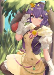 1girl animal_ears belt bernadetta_von_varley bernadetta_von_varley_(spring) blush breasts brown_hairband cleavage closed_mouth dress ell_0314 fake_animal_ears fire_emblem fire_emblem:_three_houses fire_emblem_heroes flower gloves grey_eyes hair_between_eyes hair_ornament hairband highres looking_at_viewer medium_breasts nintendo official_alternate_costume pink_belt puffy_short_sleeves puffy_sleeves purple_hair rabbit_ears short_hair short_sleeves solo white_gloves yellow_dress
