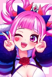 Rule 34 | 1girl, ;d, absurdres, blunt bangs, breasts, double v, dress, facial mark, fire emblem, fire emblem engage, folded twintails, fur wrist cuffs, hair flaps, hair rings, heart, heart facial mark, highres, hortensia (fire emblem), looking at viewer, lukari, medium breasts, multicolored hair, nail polish, nintendo, one eye closed, open mouth, pink eyes, pink hair, pink nails, sidelocks, smile, solo, striped clothes, striped dress, two-tone hair, v, vertical-striped clothes, wrist cuffs