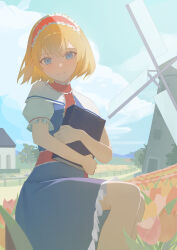 Rule 34 | 1girl, absurdres, alice margatroid, blonde hair, blue dress, blue eyes, blue sky, blush, book, capelet, closed mouth, cloud, commentary, day, dress, field, flower, flower field, frilled hairband, frills, hairband, highres, holding, holding book, lolita hairband, looking at viewer, outdoors, palulap, pink flower, pink tulip, puffy short sleeves, puffy sleeves, red flower, red hairband, red tulip, short sleeves, sky, smile, solo, touhou, tulip, white capelet, windmill, yellow flower, yellow tulip