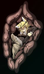 1girl ahoge animal_ears avi_attlee blonde_hair brown_eyes clenched_teeth coat female_focus fox_ears fur_trim highres inside_creature original pants solo teeth vore wet zawa_(zawzawranran2)