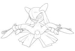 blush bound bound_ankles bound_wrists clitoris disembodied_penis flat_chest gen_3_pokemon hair_between_eyes heart heart-shaped_pupils horn kirlia loli lying monochrome navel nintendo nipples no_humans nude on_back open_mouth penis pokemon pokemon_(creature) pussy restrained sex spread_legs sweat symbol-shaped_pupils testicles tosx vaginal