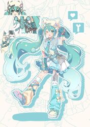 Rule 34 | &gt; o, 1girl, animal hat, arm warmers, asymmetrical footwear, asymmetrical legwear, beanie, blue nails, blue necktie, blue outline, blue shirt, blue socks, blush, cat hat, closed mouth, collared shirt, drop shadow, frilled shirt collar, frilled skirt, frills, full body, green eyes, green hair, hashtag-only commentary, hat, hatsune miku, jiu (jiwoo owo9), kneehighs, long hair, looking at viewer, loose socks, mismatched footwear, mismatched legwear, nail polish, necktie, one eye closed, outline, pink shoes, pleated skirt, ribbed socks, shirt, shoes, short sleeves, sidelocks, skirt, smile, socks, standing, tongue, tongue out, very long hair, vocaloid, white background, white hat, white shoes, white skirt, yellow socks, zoom layer