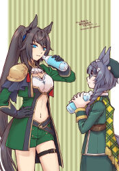 Rule 34 | 2girls, animal ears, aqua eyes, armor, ascot, belt, beret, black hair, bottle, braid, braided ponytail, breasts, cleavage, closed mouth, cowboy shot, crown braid, dated, glasses, green headwear, green jacket, green shorts, hand on own hip, hat, highres, holding, holding bottle, horse ears, horse girl, horse tail, jacket, kishino, long hair, long sleeves, looking at another, medium breasts, midriff, multiple girls, navel, scarf, shirt, short shorts, shorts, shoulder armor, smile, symboli kris s (umamusume), tail, thigh strap, translation request, twitter username, umamusume, water bottle, white ascot, zenno rob roy (umamusume)
