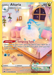altaria amigurumi_(medium) animal_focus artist_name asako_ito bed blanket card_(medium) character_name closed_mouth company_name copyright_name copyright_notice crochet curtains english_text full_body gen_3_pokemon indoors lamp looking_at_viewer nintendo no_humans official_art on_bed photo_(medium) pillow pink_slippers pokemon pokemon_(creature) pokemon_card pokemon_focus pokemon_tcg rug shelf slippers solo swablu third-party_source trading_card unconventional_media unworn_slippers window