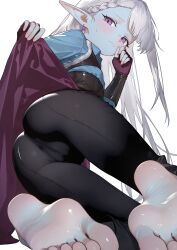 1girl absurdres ass barefoot black_pants blue_shirt blue_skin braid breasts closed_mouth colored_skin commentary commission eco_376124 fingerless_gloves gloves highres long_hair long_sleeves looking_at_viewer original pants pixiv_commission pointy_ears purple_eyes shirt simple_background small_breasts soles solo toes white_background white_hair yoga_pants