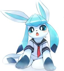 1girl absurdres blush bright_pupils chibikemo clothed_pokemon furry furry_female gen_4_pokemon glaceon highres looking_at_viewer neckerchief nintendo open_mouth pokemon pokemon_(creature) ragu_(apricolor) red_neckerchief sailor_collar school_uniform shirt signature simple_background sitting solo white_background white_pupils white_shirt