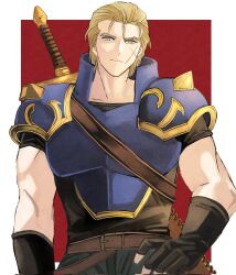 Rule 34 | 1boy, armor, blonde hair, blue armor, commentary request, cross scar, fingerless gloves, fire emblem, fire emblem: mystery of the emblem, gloves, hair slicked back, highres, male focus, nintendo, ogma (fire emblem), omlililimo, scar, scar on face, short hair, solo, sword, sword on back, weapon, weapon on back