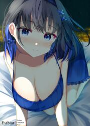 1girl all_fours aties20 bare_arms bare_shoulders bed_sheet black_hair blue_dress blue_eyes blue_hair blurry blurry_background blush breasts cleavage closed_mouth collarbone commentary_request depth_of_field dress hair_ornament hairclip hololive hololive_english lace lace-trimmed_dress lace_trim large_breasts looking_at_viewer multicolored_hair nose_blush ouro_kronii sleeveless sleeveless_dress solo two-tone_hair virtual_youtuber x_hair_ornament