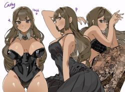 Rule 34 | 1girl, arms behind back, black bra, black dress, black leotard, bra, breasts, character request, copyright request, cosplay, costume switch, dress, fishnet thighhighs, fishnets, garter belt, leotard, long hair, mole, mole on breast, multiple views, thighhighs, underwear, white background, yongsadragon