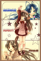 3girls adjusting_sleeves animal_ears antenna_hair apron archived_source blue_eyes blue_sailor_collar border bow brown_border brown_sailor_collar brown_shoes brown_sleeve_cuffs brown_tail buttoned_cuffs buttons candy cat_ears cat_girl cat_tail character_name collar dress dress_shoes english_text flower food green_hair hair_flower hair_intakes hair_ornament hair_ribbon hair_scrunchie high_collar holding holding_candy holding_food holding_lollipop jacket juliet_sleeves jungmi kneehighs knees_together_feet_apart large_ears lollipop long_hair long_sleeves looking_to_the_side low_ponytail maid maid_headdress mary_janes multiple_girls nymphclub official_art open_clothes open_jacket parted_bangs petticoat ponytail popcorn_kang popped_collar popury puffy_sleeves purple_eyes raised_fist red_bow red_dress red_sleeves ribbon rumirumi sailor_collar school_uniform scrunchie serafuku shoes simple_background sleeveless sleeveless_jacket socks star_(symbol) straight_hair tail tongue tongue_out twintails very_long_hair white_apron white_collar white_flower white_headdress white_jacket white_petticoat white_sleeve_cuffs white_sleeves white_socks yellow_background yellow_ribbon