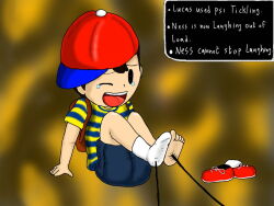 bad_tag bare_legs barefoot black_hair blue_stripes blush child feet hat laughing legs mother_(series) mother_2 ness_(mother_2) nintendo playing red_hat shirt shoes shorts shota sitting socks soles super_smash_bros. tears tickling tickling_feet toes white_socks yellow_shirt