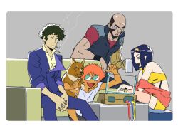 2girls androgynous bike_shorts black_hair blush_stickers cigarette cowboy_bebop dark-skinned_female dark_skin dog edward_wong_hau_pepelu_tivrusky_iv ein_(cowboy_bebop) facial_hair faye_valentine goggles hairband highres jet_black multiple_boys multiple_girls nozaki_atsuko open_mouth purple_hair shirt short_hair sitting smile smoking spike_spiegel