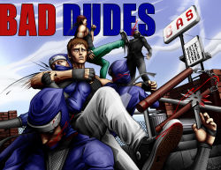 1980s_(style) 1988 6+boys battle blade_(dragonninja) blood brown_hair choke_hold city cloud converse crazy_eyes data_east dragonninja fingerless_gloves flying_kick gas_station gloves highres jumping kicking looking_at_viewer male_focus manly martial_arts mullet multiple_boys muscular nage_ninja ninja nunchaku oldschool punching retro_artstyle shoes shuriken siblings sneakers strangling striker_(dragonninja) tank_top tears trash_can twins uniform veins weapon zako_ninja