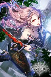 1girl 2016 armor armored_boots black_pants boots breasts cleavage collarbone copyright_name dated detached_sleeves dual_wielding dutch_angle earrings female_focus floating_hair grey_hairband gyakushuu_no_fantasica hairband high_heel_boots high_heels holding holding_sword holding_weapon jewelry leg_up lipstick long_hair looking_at_viewer makeup medium_breasts necklace pants parted_lips pink_hair red_eyes red_lips solo sukja sword very_long_hair weapon