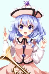 1girl :d blush collared_vest commentary cowboy_shot frilled_hat frilled_shirt_collar frills hands_up hat highres instrument juliet_sleeves long_sleeves looking_at_viewer medium_hair merlin_prismriver open_mouth pink_hat pink_skirt pink_vest puffy_sleeves purple_eyes purple_hair ruu_(tksymkw) shirt skirt skirt_set smile solo touhou trombone vest white_shirt