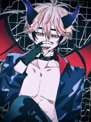 1boy alternate_costume bare_pectorals black_choker black_gloves black_hair black_jacket black_nails black_pants blonde_hair choker collarbone demon_boy demon_horns demon_tail demon_wings ear_piercing earrings eyebrow_piercing fangs fellatio_gesture fingerless_gloves gloves hand_up highres horns implied_yaoi jacket jewelry knee_up looking_at_viewer male_focus multicolored_hair nail_polish open_clothes open_jacket open_mouth orange_eyes pants pectorals piercing pointy_ears q69pbd red_wings shiguang_dailiren short_hair sitting solo tail tongue tongue_out wings xia_fei