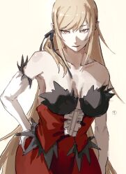 1girl artist_logo bare_shoulders blonde_hair breasts cleavage collarbone dress elbow_gloves feather-trimmed_dress feather-trimmed_gloves feather_trim frilled_dress frills gloves hair_ribbon hand_on_own_hip highres kiss-shot_acerola-orion_heart-under-blade kizumonogatari large_breasts logo long_hair looking_at_viewer monogatari_(series) oshino_shinobu pointy_ears red_dress ribbon simple_background solo strapless strapless_dress taki_(a313131333) vampire very_long_hair white_background white_gloves yellow_eyes