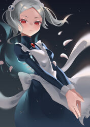 Rule 34 | 1girl, bloody marie (skullgirls), brooch, fingers together, grey hair, hair ornament, half-closed eyes, highres, jewelry, looking at viewer, maid headdress, red eyes, ribs, skeleton, skull hair ornament, skullgirls, solo, twintails, upper body