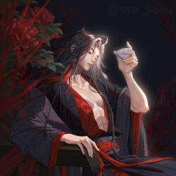 1boy abs ahoge alcohol bare_pectorals bishounen black_background black_hair black_hanfu black_robe blurry branch brown_eyes chest_tattoo chinese_clothes coat collarbone cup dripping earrings flower grey_coat hair_down hair_ribbon half_updo hand_up hanfu holding holding_cup jewelry korean_commentary lips long_hair long_sleeves looking_to_the_side male_focus modao_zushi official_alternate_costume official_alternate_hairstyle open_clothes open_robe outdoors parted_bangs parted_lips pectoral_cleavage pectorals pouring red_flower red_ribbon red_sash ribbon robe sash sidelocks sitting solo ssu_saeu tassel tassel_earrings tattoo toned toned_male tree very_long_hair wei_wuxian wei_wuxian_(yiling_laozu) wet wet_hair wide_sleeves