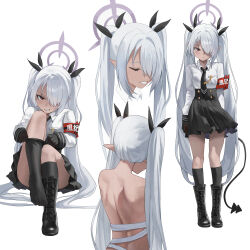 1girl 863255464 absurdres armband black_boots black_gloves black_necktie black_ribbon black_skirt black_socks blue_archive boots breasts closed_eyes commentary_request dark-skinned_female dark_skin demon_tail full_body gloves grey_hair hair_over_one_eye hair_ribbon halo highres iori_(blue_archive) knee_boots kneehighs long_hair long_sleeves looking_at_viewer multiple_views necktie nude pointy_ears putting_on_legwear red_armband red_eyes ribbon shirt sidelocks simple_background skirt smile socks tail twintails very_long_hair white_background white_shirt