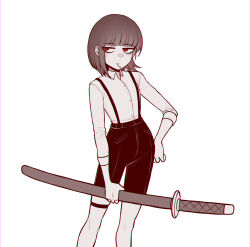 1girl black_hair black_shorts blunt_bangs bob_cut cigarette closed_mouth collared_shirt cowboy_shot highres holding holding_sword holding_weapon katana limbus_company long_sleeves looking_to_the_side misg1111 project_moon ryoshu_(project_moon) shirt short_hair shorts sidelocks simple_background solo suspenders sword weapon white_background white_shirt