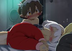1boy 2girls blush body_fur closed_eyes dagasi furry furry_female highres indoors looking_at_another lying made_in_abyss multiple_girls nanachi_(made_in_abyss) on_side reg_(made_in_abyss) riko_(made_in_abyss) sleeping