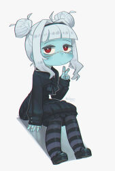Rule 34 | 1girl, absurdres, ahoge, artist name, black dress, black hairband, black shoes, blue skin, blunt bangs, borrowed character, chibi, chibi only, colored skin, commentary, dated, desk, double bun, dress, english commentary, expressionless, frilled shirt collar, frills, full body, grey background, hair bun, hairband, highres, long sleeves, looking at viewer, on desk, original, porforever, red eyes, shoes, sidelocks, simple background, sitting, solo, stitched face, stitches, striped clothes, striped thighhighs, thighhighs, v, white hair, zombie