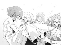 4girls blush bow bowtie carrying closed_mouth commentary_request crying dress elbow_gloves gloves greyscale hair_ribbon high_heels kouzuki_mahiru long_hair long_sleeves looking_at_viewer lwmina70119 monochrome multicolored_hair multiple_girls open_mouth princess_carry ribbon short_hair sleeveless sleeveless_dress smile streaked_hair takanashi_kim_anouk_mei tears watase_kiui wedding wedding_dress wife_and_wife yamanouchi_kano yoru_no_kurage_wa_oyogenai yuri