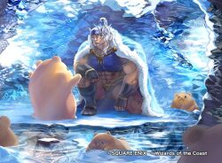 1boy abs beaver beaver_(ff2) cape copyright_notice fangs final_fantasy final_fantasy_ii fingerless_gloves fur-trimmed_cape fur_trim gloves guy_(ff2) helmet hippo_(hippo999) kneeling magic:_the_gathering multiple_others muscular muscular_male official_art partially_submerged water