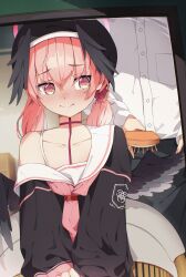 Rule 34 | 2girls, ascot, black hat, black shirt, black skirt, blue archive, blush, brushing, closed mouth, hair between eyes, hand on another&#039;s wing, hasu202mm, hat, highres, holding, holding brush, koharu (blue archive), long hair, low twintails, multiple girls, nervous smile, pink ascot, pink eyes, pink hair, sailor collar, shirt, single bare shoulder, sitting, skirt, smile, sweat, twintails, white sailor collar, white shirt