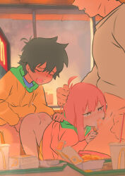 1girl 2boys age_difference ahoge ass black_hair blush bottomless bright_pupils censored character_request closed_eyes cum daughter_(yoru_mac) doggystyle drink drinking_straw ejaculation fellatio food fry-kun_(yoru_mac) furrowed_brow grabbing_another&#039;s_hair group_sex has_uncensored_version hetero highres holding_another&#039;s_hair hood hoodie jcm2 kodomo_doushi loli long_hair mcdonald&#039;s mmf_threesome moaning mosaic_censoring multiple_boys nose_blush open_mouth oral orange_hair orange_hoodie penis sex sex_from_behind short_hair shota spitroast thighs threesome torogao tsurime white_pupils yellow_hoodie yoru_mac