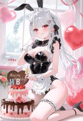 1girl :q animal_ears apron balloon bare_shoulders black_leotard black_shoes braid breasts cake cleavage closed_mouth cutout_above_navel detached_collar fake_animal_ears food frilled_thigh_strap frills fymrie gradient_hair hair_ribbon hanamiya_rica hand_up happy_birthday heart_balloon high_heels highleg highleg_leotard highres indie_virtual_youtuber kneeling leotard long_hair looking_at_viewer maid_apron maid_headdress medium_breasts mole mole_under_eye multicolored_hair rabbit_ears red_eyes ribbon shoes smile solo strapless strapless_leotard thigh_strap thighs tongue tongue_out very_long_hair virtual_youtuber waist_apron white_hair wrist_cuffs