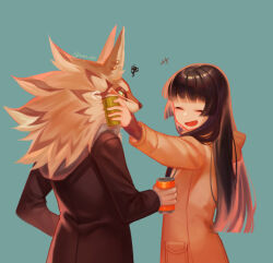 1boy 1girl animal_ear_piercing black_hair blue_background bottle_to_cheek can coat facing_another furry furry_male furry_with_non-furry holding holding_can interspecies long_hair long_sleeves open_mouth orange_coat protagonist_2_(housamo) seth_(housamo) simple_background sora-ya_(uya_kyo) squiggle tokyo_houkago_summoners