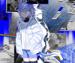 1girl abstract_background absurdres animal_ears black_thighhighs blue_eyes blue_hair blue_shorts cellphone closed_mouth commentary_request cowboy_shot fake_transparency flip_phone grey_sky hair_between_eyes hands_in_pockets highres jacket long_sleeves looking_at_viewer open_clothes open_jacket original phone photo_inset rainbow shirt short_hair short_shorts shorts signal_1120 sky solo standing tail thighhighs white_jacket white_shirt window_(computing)