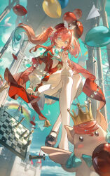 1girl a4_bai_zhi_yi absurdres balloon bell bird black_shoes blue_eyes blue_hair blue_sky candy castle chess_piece chessboard chinese_commentary cloud commentary_request crown dove dress flying food full_body gradient_hair hand_up hat highres holding holding_candy holding_food holding_lollipop honkai:_star_rail honkai_(series) hyacine_(honkai:_star_rail) little_ica_(honkai:_star_rail) lollipop long_hair long_sleeves looking_at_viewer multicolored_hair outdoors pantyhose paper_airplane pink_hair rainbow red_dress red_hat shoes sitting sky solo sparkle staff_riding twintails two-tone_hair white_pantyhose