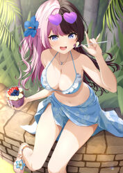 Rule 34 | 1girl, absurdres, bikini, black nails, blue bikini, blush, breasts, brown hair, cleavage, eyewear on head, flower, food, frilled bikini, frills, hair flower, hair ornament, heart, heart-shaped eyewear, highres, holding, holding food, holding ice cream, ice cream, jewelry, kaigan, large breasts, long hair, looking at viewer, multicolored hair, nail polish, navel, necklace, open mouth, outdoors, pink hair, sandals, sarong, sitting, smile, solo, split-color hair, swimsuit, tachibana hinano, virtual youtuber, vspo!