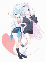 Rule 34 | 2girls, absurdres, arona (blue archive), black choker, black hairband, black shoes, black skirt, black socks, blue archive, blue eyes, blue nails, bow, bowtie, braid, choker, closed mouth, clothes around waist, collared shirt, colored inner hair, eyes visible through hair, grey eyes, hair ribbon, hairband, halo, heart, heart in eye, highres, jacket, jacket around waist, long hair, long sleeves, loose socks, may.l, miniskirt, multicolored hair, multiple girls, necktie, one eye closed, open mouth, pink bow, pink bowtie, pink hair, pink necktie, plana (blue archive), pleated skirt, ribbon, shirt, shoes, short hair, skirt, smile, socks, symbol in eye, v, white ribbon, white shirt, white socks