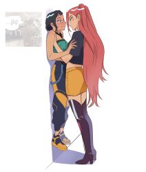2girls black_boots black_hair black_pants black_shirt bloocheaz blush boots cat closed_mouth commentary english_commentary hair_bun highres kpop_demon_hunters lauren_phillips_lifting_alice_merchesi_(meme) meme meme_inset mira_(kpop_demon_hunters) multiple_girls pants pink_hair shirt short_sleeves simple_background skirt speech_bubble sweatdrop thigh_boots two-tone_pants two_side_up white_background yellow_pants yellow_skirt yuri zoey_(kpop_demon_hunters)