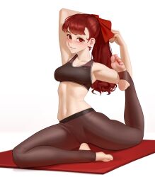 1girl bare_arms bare_shoulders breasts commentary english_commentary feet flexible full_body hair_ribbon highres kairunoburogu long_hair looking_at_viewer matching_hair/eyes medium_breasts midriff navel pants persona persona_5 persona_5_the_royal ponytail red_eyes red_hair red_ribbon ribbon simple_background smile soles solo sports_bra stirrup_legwear toeless_legwear toes white_background yoga yoga_mat yoga_pants yoshizawa_kasumi