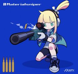1girl absurdres aiming bike_shorts blonde_hair blue_background blue_shoes cartridge casing_ejection expressionless fami_(yellow_skies) full_body gloves green_eyes gun highres iris_(material_sniper) jacket looking_through_scope material_sniper multicolored_shoes open_clothes open_jacket ponytail rifle shell_casing shoes sidelocks sneakers sniper_rifle solo squatting two-tone_shoes weapon white_shoes